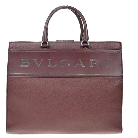 BVLGARI Logo Tote Hand Bag Leather Red Burgundy SHW Italy - Picture 1 of 15